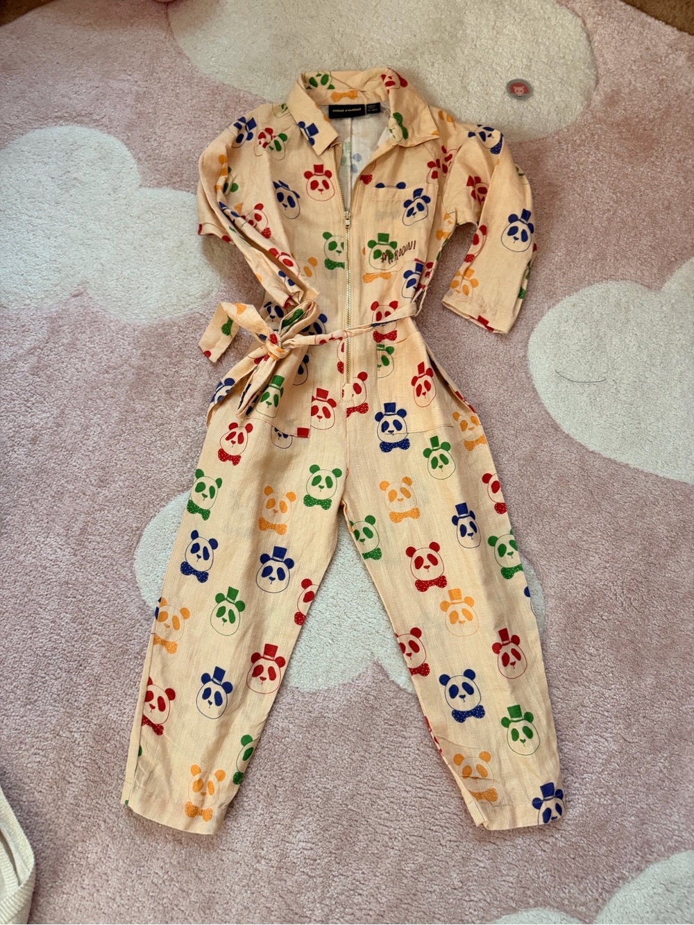 Mini Rodini Cream Jumpsuit with Red, Blue, Green & Yellow Panda Print